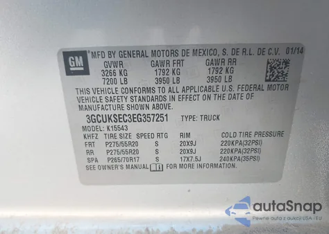 2014 Chevrolet Silverado 1500 1Lz from USA, damaged, VIN 3GCUKSEC3EG357251